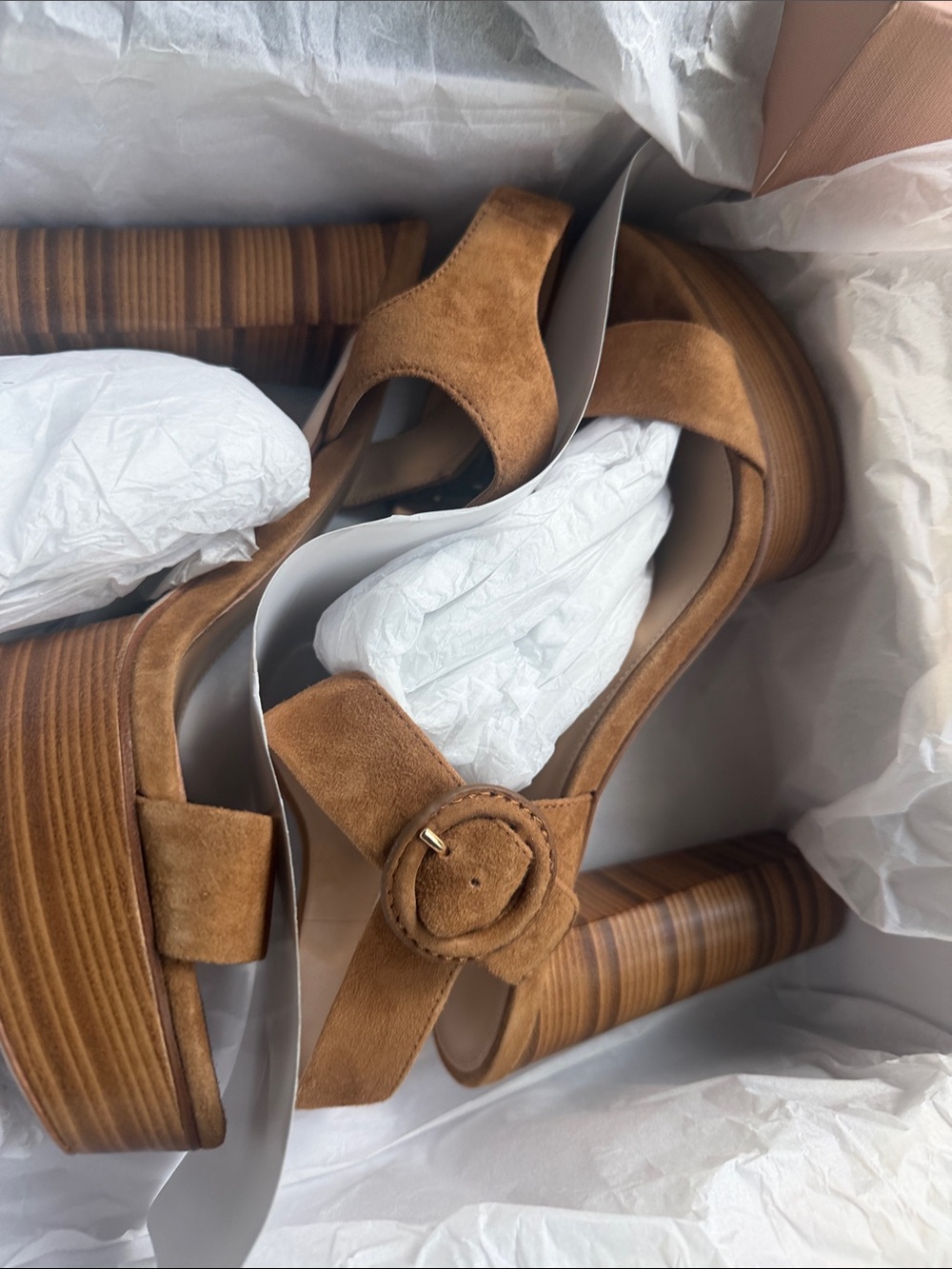Via Spiga Tan Suede Platform Sandals with Buckle